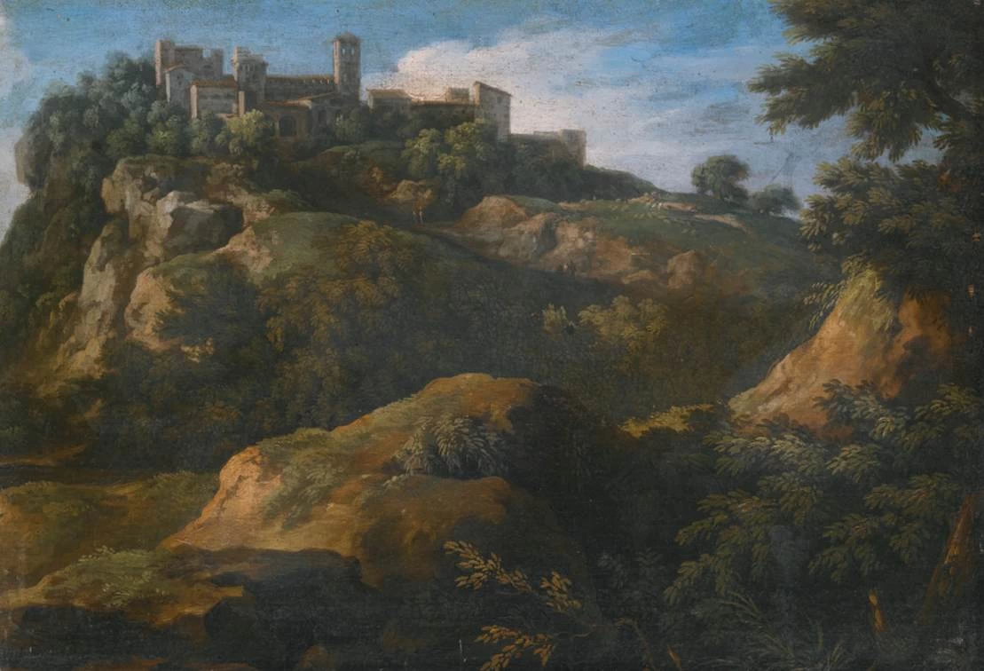 Paesaggio romano roccioso con una città collinare